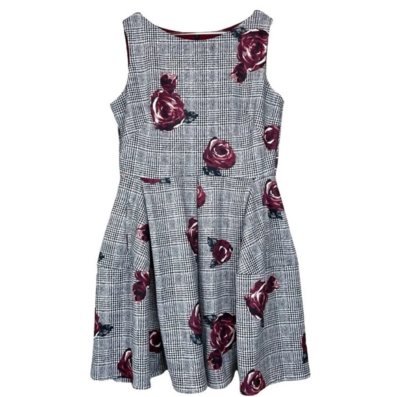 Roz & Ali Floral Houndstooth Plaid Print Cocktail Dress Black White Red Size 16 - Picture 1 of 8